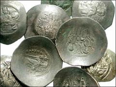 BYZANTINE. Late. Lot of nine AV and BI. Andronicus II and III. 1325-1334. AV Hyperpyron // Manuel I Comnenus. BI Aspron Trachy. Christ seated facing / The Virgin enthroned, facing / Manuel standing fa