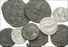 ROMAN. Imperial. Lot of nine- two AR Denarii, Some Later Roman, a Republican Æ and Two Byzantine Æ. Republic. Æ Semuncia. 4.45 g. Head of Mercury / Prow. Cf. Crawford 56/8 // Divus Augustus. Æ As / Ea