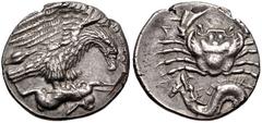 Greek SICILY, Akragas. Circa 420-410 BC. AR Hemidrachm (14mm, 1.75 g, 11h). Eagle standing right on, and tearing at, hare; barley grain to left / Crab; below, ketos left with fish in its mouth. Wester