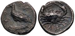 Greek SICILY, Akragas. Circa 450-440 BC. AR Litra (8.5mm, 0.51 g, 1h). Eagle standing left on Ionic capital / Crab; ΛI (mark of value) below. Westermark, Coinage, Period II, Series B.1, 455–504; HGC 2