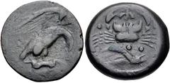 Greek SICILY, Akragas. Circa 415-406 BC. Æ Hemilitron (26.5mm, 12.59 g, 4h). Eagle, wings spread, standing right on, and tearing at, dead hare / Crab; leaf between claws, three pellets (mark of value)
