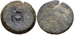 Greek SICILY, Akragas. Circa 405-367 BC. Countermark on Æ Hemilitron. Oval incuse coutnermark containing crab above crawfish on earlier hemilitron with obliterated types. CNS 99 CM. Earthen green-brow
