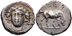 Greek THESSALY, Larissa. Circa 400-370 BC. AR Drachm (19mm, 6.08 g, 2h). Head of the nymph Larissa facing slightly left, wearing ampyx and necklace / Horse grazing right. L-S Group 6, Head Type 27, di