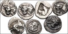 Greek THESSALY. Lot of seven (7) silver fractions from the "Taurokathapsia series". Includes: Larissa (5 obols and 1 hemiobol) and Pharkadon (1 obol). Avg VF. The hemiobol published by Liampi. Average