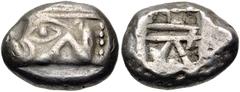 Greek LYCIA, Phaselis. Circa 530-500 BC. AR Stater (20mm, 11.14 g). Prow of galley left, terminating in a boar's forepart; [below, small dolphin right] / Incuse square divided by two bands, with Λ-sha
