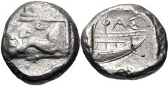 Greek LYCIA, Phaselis. Circa 500-440 BC. AR Stater (18.5mm, 11.06 g, 8h). Prow of galley left in the form of a forepart of a boar / Stern of galley right within incuse square. Heipp-Tamer Series 4, Em