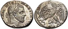 Selections from the Michel Prieur Collection SELEUCIS and PIERIA, Emesa. Macrinus. AD 217-218. AR Tetradrachm (25.5mm, 11.48 g, 6h). Laureate head right / Eagle standing facing, head and tail left, wi