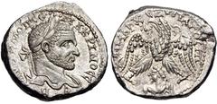 Selections from the Michel Prieur Collection SELEUCIS and PIERIA, Emesa. Macrinus. AD 217-218. AR Tetradrachm (27.5mm, 13.30 g, 12h). Laureate bust right, slight drapery / Eagle standing facing, head 