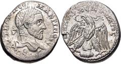 Selections from the Michel Prieur Collection SELEUCIS and PIERIA, Emesa. Macrinus. AD 217-218. AR Tetradrachm (26mm, 14.19 g, 6h). Laureate head right / Eagle standing facing, head and tail left, with