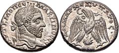 Selections from the Michel Prieur Collection SELEUCIS and PIERIA, Emesa. Macrinus. AD 217-218. AR Tetradrachm (26mm, 13.79 g, 12h). Laureate head right / Eagle standing facing, head and tail left, wit