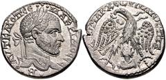 Selections from the Michel Prieur Collection SELEUCIS and PIERIA, Emesa. Macrinus. AD 217-218. AR Tetradrachm (26mm, 12.21 g, 12h). Laureate head right / Eagle standing facing, head and tail left, wit