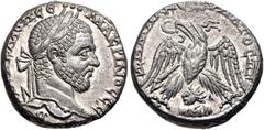 Selections from the Michel Prieur Collection SELEUCIS and PIERIA, Emesa. Macrinus. AD 217-218. AR Tetradrachm (24mm, 15.93 g, 1h). Laureate head right / Eagle standing facing, head and tail left, with