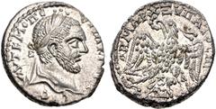 Selections from the Michel Prieur Collection COELESYRIA, Heliopolis. Macrinus. AD 217-218. AR Tetradrachm (24mm, 13.12 g, 12h). Laureate head right / Eagle standing facing, head and tail left, with wi