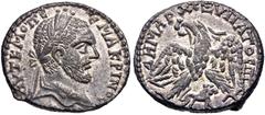 Selections from the Michel Prieur Collection COELESYRIA, Heliopolis. Macrinus. AD 217-218. AR Tetradrachm (25.5mm, 11.86 g, 12h). Laureate head right / Eagle standing facing, head and tail left, with 
