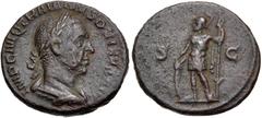 Roman Imperial Trajan Decius. AD 249-251. Æ Semis (18.5mm, 3.89 g, 12h). Rome mint, 5th officina. 3rd emission, AD 250. Laureate and cuirassed bust right / Mars standing left, holding shield set on gr