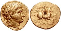 KINGS of MACEDON. Demetrios I Poliorketes. 306-283 BC. AV Stater (19mm, 8.59 g). Amphipolis mint. Struck crica 290-289 BC. Diademed and horned head of Demetrios right / Macedonian horseman cantering r