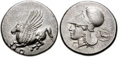CORINTHIA, Corinth. Circa 375-300 BC. AR Stater (22mm, 8.62 g). Pegasos flying left / Helmeted head of Athena left; Γ below chin, dove in wreath behind. Pegasi I p. 259, 419; BCD Corinth 110; Ravel 10