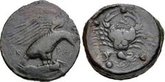 Greek SICILY, Akragas. Circa 415-406 BC. Æ Hemilitron (27.5mm, 19.16 g, 9h). Eagle standing right, wings spread, on hare / Crab, holding serpent in right claw; shell and octopus below, six pellets (ma