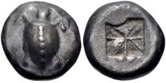 Greek ISLANDS off ATTICA, Aegina. Circa 550-530/25 BC. AR Stater (19mm, 12.09 g). Sea turtle, head in profile, with thick collar and row of dots down its back / Deep incuse square of proto-"Union Jack