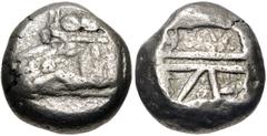 Greek LYCIA, Phaselis. Circa 530-500 BC. AR Stater (16.5mm, 11.09 g, 12h). Prow of galley left, terminating in a boar's forepart; [below, small dolphin right] / Incuse square divided by two bands, wit