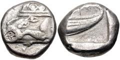 Greek LYCIA, Phaselis. Circa 500-440 BC. AR Stater (17.5mm, 11.02 g, 9h). Prow of galley left in the form of a forepart of a boar / Stern of galley right within incuse square. Heipp-Tamer Series 4, Em