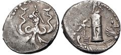 Roman Republican The Pompeians. Sextus Pompey. 40-39 BC. AR Denarius (19mm, 3.64 g, 6h). Uncertain Sicilian mint. The Pharos of Messana surmounted by statue of Neptune standing right, with foot on pro