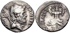 Roman Republican The Pompeians. Sextus Pompey. 37/6 BC. AR Denarius (19mm, 3.79 g, 6h). Uncertain Sicilian mint. Diademed head of Neptune right, trident over shoulder / Naval trophy set on anchor, top