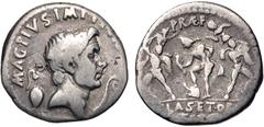 Roman Republican The Pompeians. Sextus Pompey. 37/6 BC. AR Denarius (18.5mm, 3.67 g, 12h). Uncertain Sicilian mint, possibly Catana. Bare head of Pompey the Great right; capis to left, lituus to right