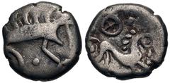 British CELTIC, Iceni. Uninscribed. Circa 65-1 BC. AR Unit (10mm, 1.13 g, 10h). Norfolk Boar "Phallic" (Icenian C) type. Stylized boar right with pellet on front; pellet below / Horse right; wheel abo