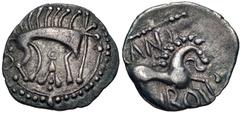 British CELTIC, Iceni. "Cani Duro". Circa AD 10-20(?). AR Unit (14mm, 1.19 g, 2h). Cani Duro (Icenian D) type. Boar standing right; Å below / Horse leaping right. Allen, Coins 71-5; Van Arsdell 663-1;