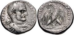 Selections from the Michel Prieur Collection PHOENICIA, Byblus. Macrinus. AD 217-218. AR Tetradrachm (24mm, 12.24 g, 12h). Laureate and cuirassed bust right, wearing aegis / ΔHMAP ЄΞ YΠATO ΠΠ, eagle s