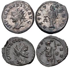 Roman Imperial Lot of two (2) Antoniniani. Includes: Claudius II Gothicus. AD 268-270. (20mm, 3.58g, 12h). Antioch mint. Radiate head left / Aequitas standing left, holding scales and cornucopia. RIC 