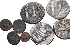 Large Lots ORIENTAL GREEK. Parthia. Lot of eight (8) bronze and silver issues. Includes: AR Tetradrachms (4) // Bronze issues (4). Average Fine, some of the bronzes porous, some flaws on the tetradrac