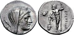 BRUTTIUM, The Brettii. Circa 216-214 BC. AR Drachm (4.55 g, 4h). Attic Standard. Second Punic War issue. Veiled head of Hera Lakinia right, wearing polos; scepter and thunderbolt over shoulder, [tiny 