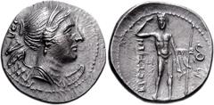 BRUTTIUM, The Brettii. Circa 216-214 BC. AR Drachm (4.41 g, 2h). Attic Standard. Second Punic War issue. Diademed and draped bust of Nike right; amphora behind / River god standing facing, crowning hi