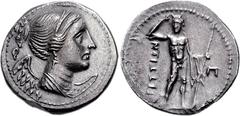 BRUTTIUM, The Brettii. Circa 216-214 BC. AR Drachm (3.97 g, 12h). Attic Standard. Second Punic War issue. Diademed and draped bust of Nike right; lituus behind / River god standing facing, crowning hi