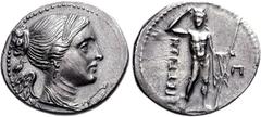BRUTTIUM, The Brettii. Circa 216-214 BC. AR Drachm (4.81 g, 1h). Attic Standard. Second Punic War issue. Diademed and draped bust of Nike right; behind, bird standing right / River god standing facing