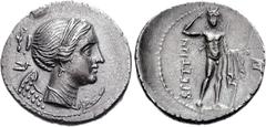 BRUTTIUM, The Brettii. Circa 216-214 BC. AR Drachm (4.69 g, 6h). Attic Standard. Second Punic War issue. Diademed and draped bust of Nike right; behind, plow right / River god standing facing, crownin