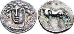 THESSALY, Larissa. Circa 400-380 BC. AR Drachm (6.03 g, 6h). Head of the nymph Larissa facing slightly left, wearing ampyx / Horse grazing right. Lorber, Early, 91.2b (this coin, illustrated on p.282)