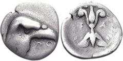 ELIS, Olympia. 97th-100th Olympiad. 392-380 BC. AR Hemidrachm (2.55 g, 5h). Obverse die signed by Polykaon. Eagle’s head right; PO below beak / Winged thunderbolt with volutes; all within wreath. Selt