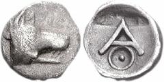 ARGOLIS, Argos. Circa 420/10-370 BC. AR Obol (0.75 g, 12h). Wolf’s head right / Large A; two deep incuses above, Q below; all within concave circle. BCD Peloponnesos 1042 (this coin); SNG Copenhagen 1