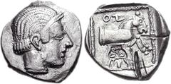PHILISTIA (PALESTINE), Gaza. Mid 5th century-333 BC. AR Drachm (3.04 g, 2h). Female head right, with oriental hairstyle / Forepart of horse right; c/m: facing head of Bes; all in dotted square within 