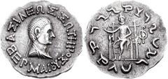 BAKTRIA, Indo-Greek Kingdom. Hermaios. Circa 105-90 BC. AR Tetradrachm (9.45 g, 12h). Posthumous issue struck by Indo-Skythians near Kapisa, circa 55/0 BC. Diademed and draped bust right / Zeus seated