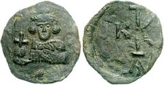 Justinian II. First reign, 685-695. Æ Half Follis (1.94 g, 5h). Syracuse mint. Half-length bust facing, wearing crown and chlamys, holding globus cruciger / Large K; monogram of Justinian below, uncer