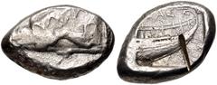 Greek LYCIA, Phaselis. Circa 500-440 BC. AR Stater (22.5mm, 10.81 g, 7h). Prow of galley left in the form of a forepart of a boar / Stern of galley right within incuse square. Heipp-Tamer Series 4, Em