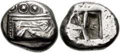 LYCIA, Phaselis. Circa 530-500 BC. AR Stater (20mm, 10.98 g). Prow of galley right, terminating in a boar's forepart / Rough incuse punch. Heipp-Tamer Series III, Em. 1a, 22 (V13/R22) = Weber 291. VF.