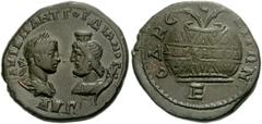 MOESIA INFERIOR, Odessus. Gordian III. AD 238-244. Æ Pentassaria (27mm, 11.26 g). Confronted busts of Gordian III and Serapis / Prize urn with two palms inscribed ΔAΡZAΛEIA. Mouchmov 1675. VF, attract
