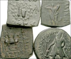 ORIENTAL GREEK & CENTRAL ASIAN. Lot of four Æ . Indo-Greek. Zoilos I. Æ Square 23mm. Head of Herakles wearing lion skin / Club and bowcase in wreath. Bopearachchi 6B; MIG 258a // Indo-Scythian. Vonone