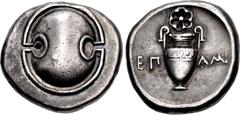 Greek BOEOTIA, Thebes. Circa 364-362 BC. AR Stater (23.5mm, 12.26 g). Epami(nondas), magistrate. Boeotian shield / Amphora; rosette above, EΠ-AMI across central field; all within concave circle. Hepwo