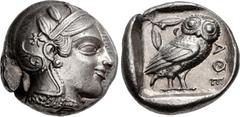Greek ATTICA, Athens. Circa 454-404 BC. AR Tetradrachm (23mm, 17.10 g, 6h). Helmeted head of Athena right, with frontal eye / Owl standing right, head facing, closed tail feathers; olive sprig and cre